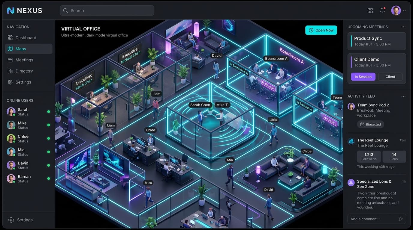 VirtualOffice interactive 2D/3D digital workplace floorplan with LiveKit rooms and avatars